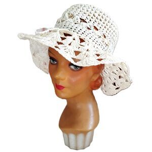 1960s Vintage Hand Crochet Sun Hat, Made In Formosa Taiwan